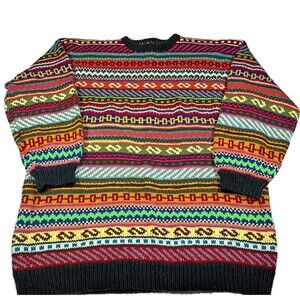 Huge Oversized Handmade Mosaic Fair Isle Sweater 60"  Maximalist Colorful Stripe